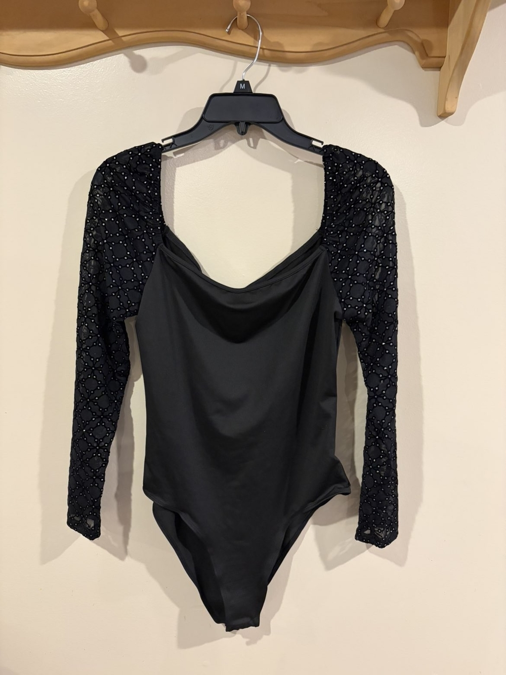 SHEIN Black Draped Neck Bodysuit with Lace Long Sleeves
